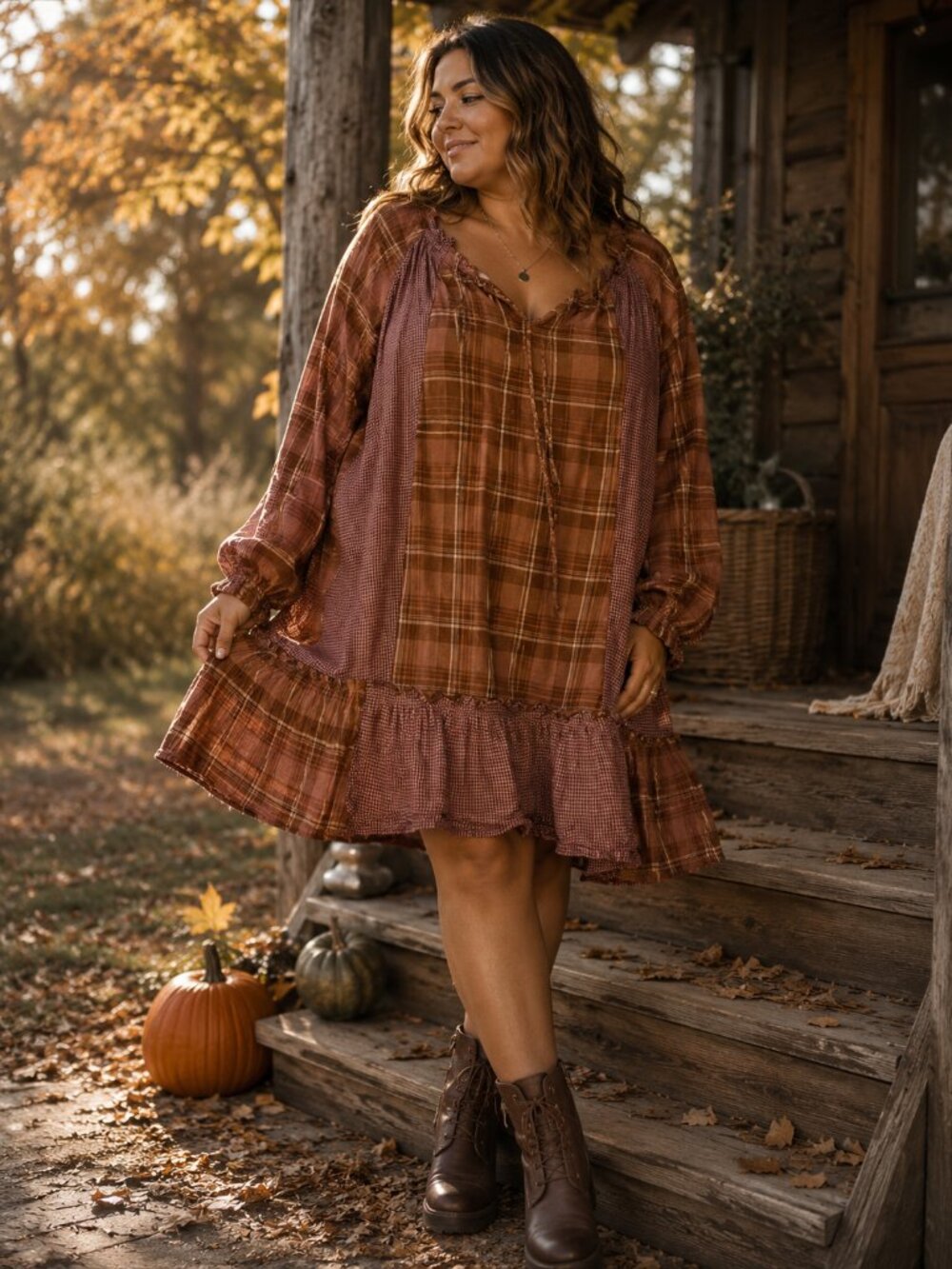 Rust Plaid Patchwork Boho Tunic Top